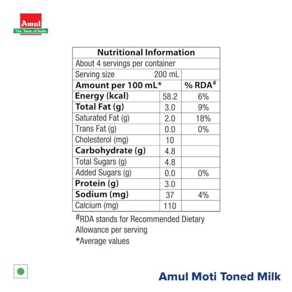 Amul Moti Homogenized Toned Milk, 450 ml Pouch - Image 5
