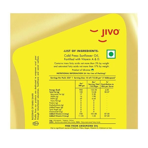 Jivo Cold Pressed Chemical Free Sunflower Oil 5 Litre - Image 4
