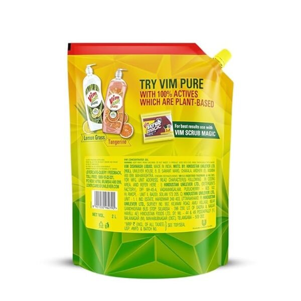 Vim Dishwash Liquid Gel Lemon Refill Pouch, 2 Ltr - Image 2